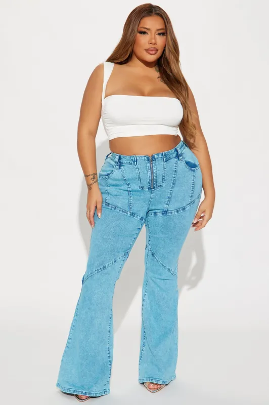 Couldn't Be Better Stretch Acid Wash Flare Jeans - Blue sold by Fashion Nova