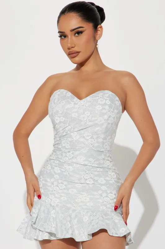 Riley Ruffle Metallic Mini Dress - White sold by Fashion Nova