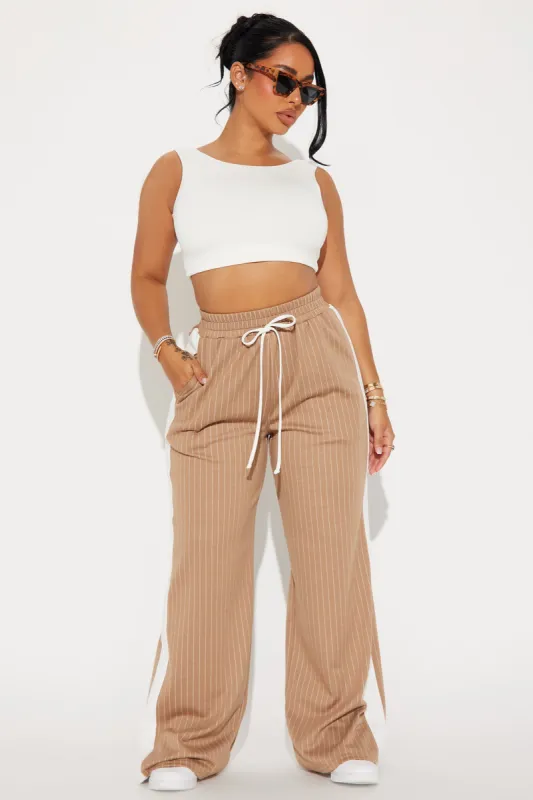 Want Nothing More Pinstripe Track Pant - Taupe/combo sold by Fashion Nova