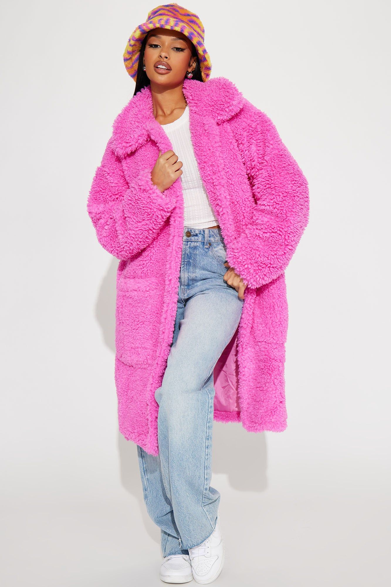 Cold Babe Faux Sherpa Coat - Fuchsia sold by Fashion Nova