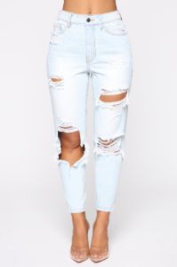 Shoot The Gaps Distressed Mom Jeans - Light Blue Wash sold by Fashion Nova