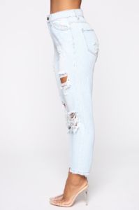 Shoot The Gaps Distressed Mom Jeans - Light Blue Wash sold by Fashion Nova