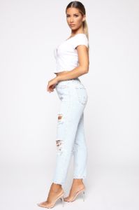 Shoot The Gaps Distressed Mom Jeans - Light Blue Wash sold by Fashion Nova