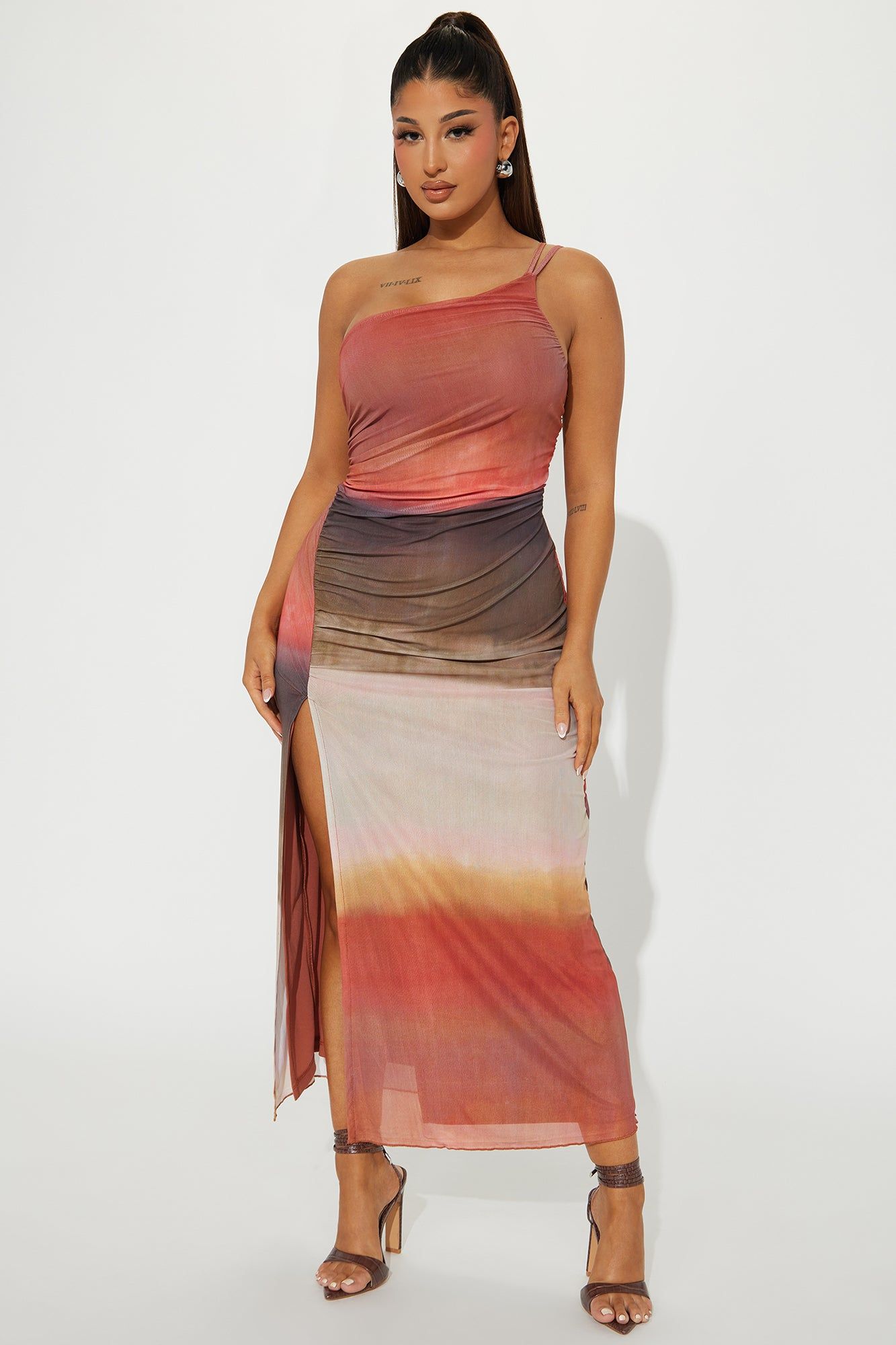 Serenity Mesh Maxi Dress - Orange/combo sold by Fashion Nova