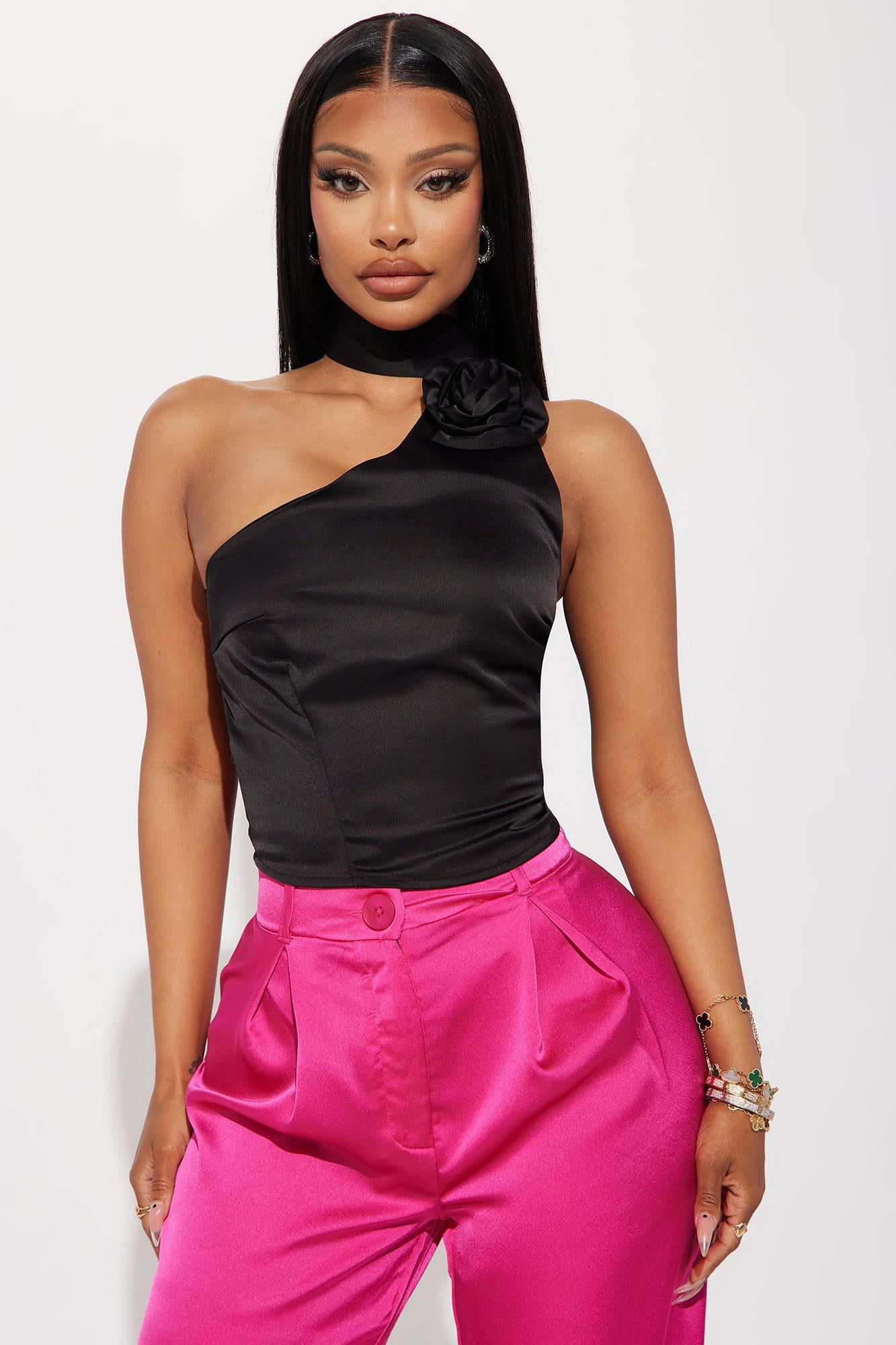 Rosey Cheeks Satin Top - Black sold by Fashion Nova