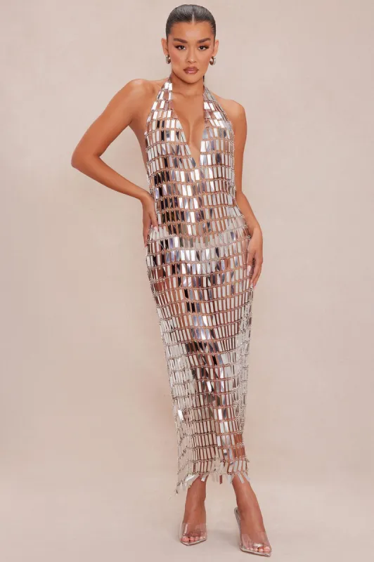 Kim Mirror Maxi Dress - Silver sold by Fashion Nova