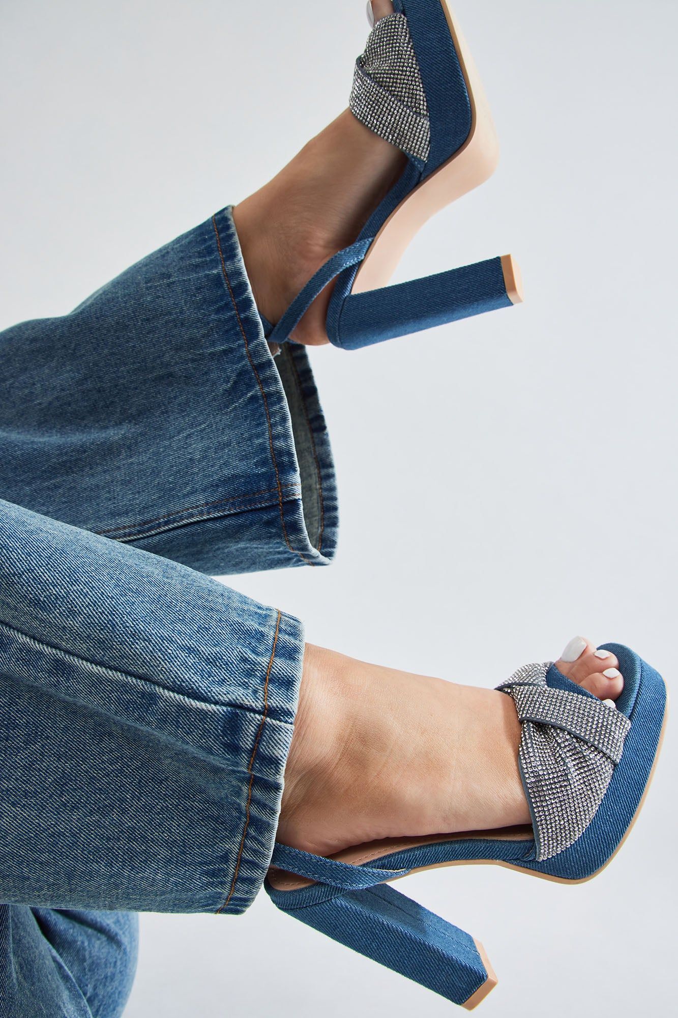 Elena Platform Embellished Heels - Denim sold by Fashion Nova
