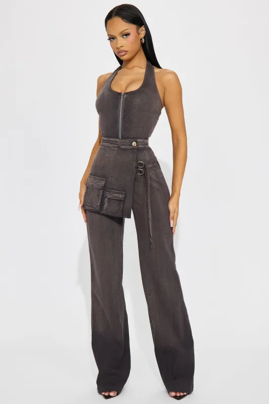 Street Cred Washed Jumpsuit - Charcoal sold by Fashion Nova