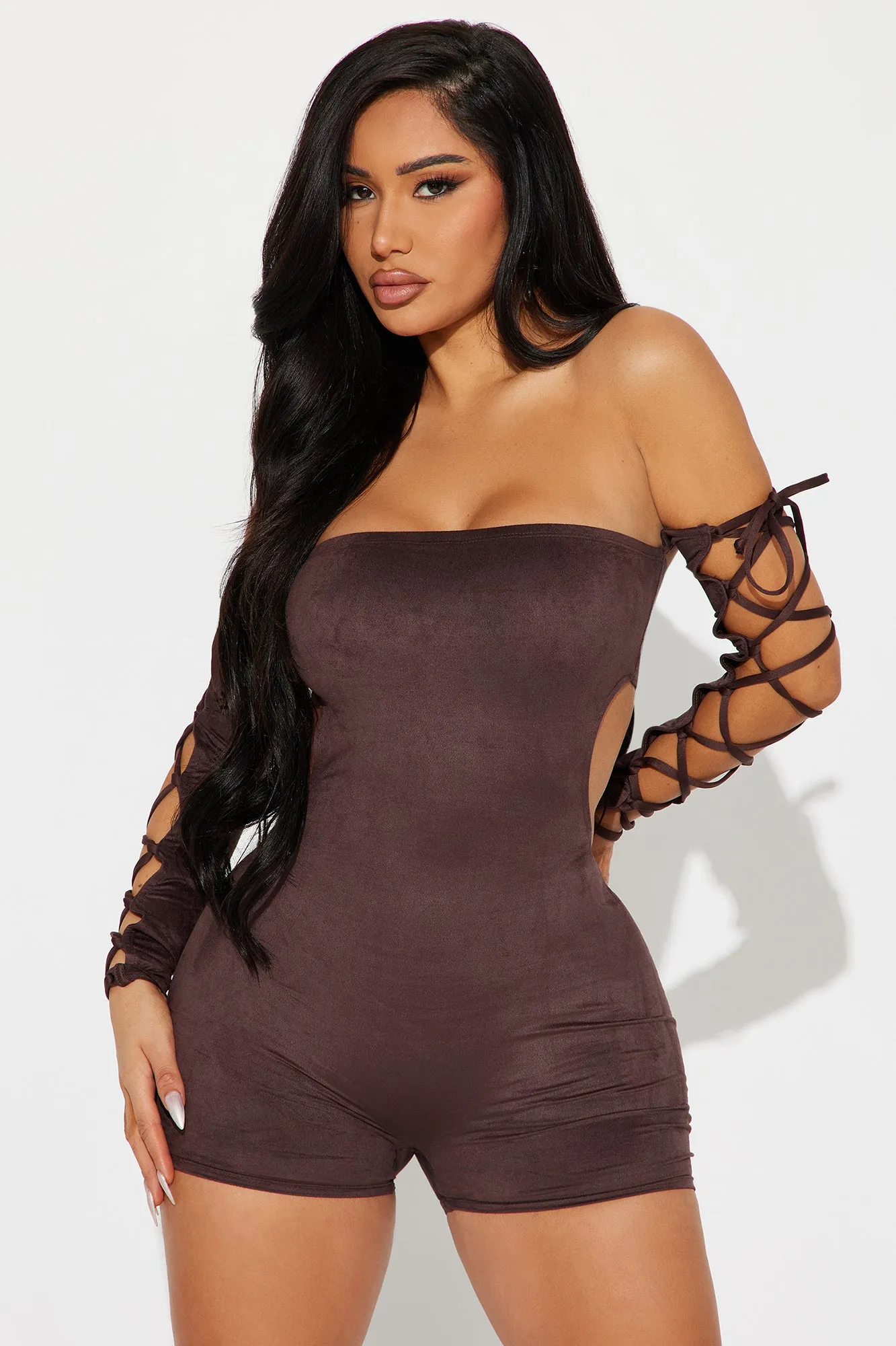 Other Side Faux Suede Romper - Brown sold by Fashion Nova