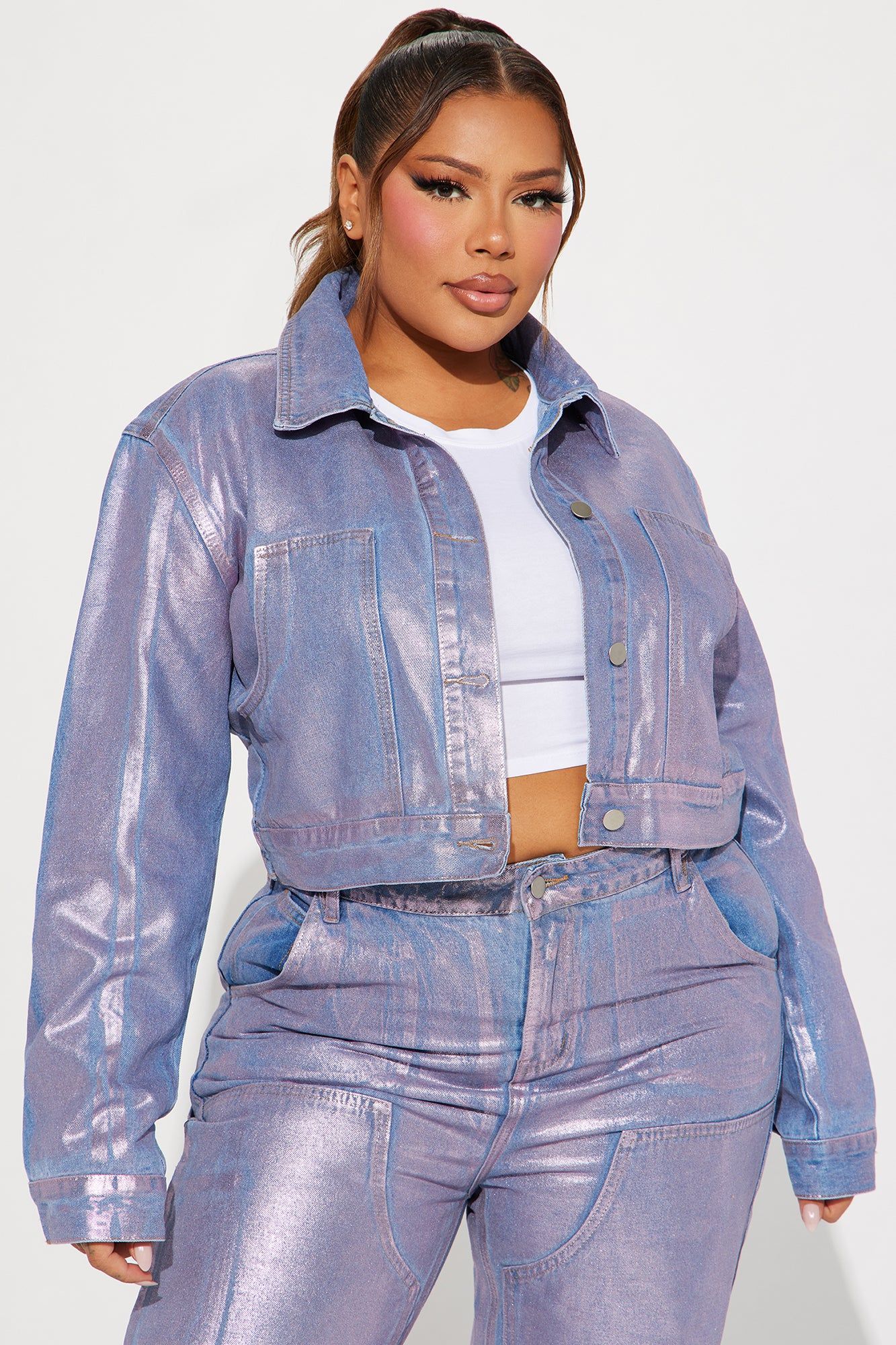 Big Time Magic Metallic Coated Denim Jacket - Pink sold by Fashion Nova product image thumbnail 4