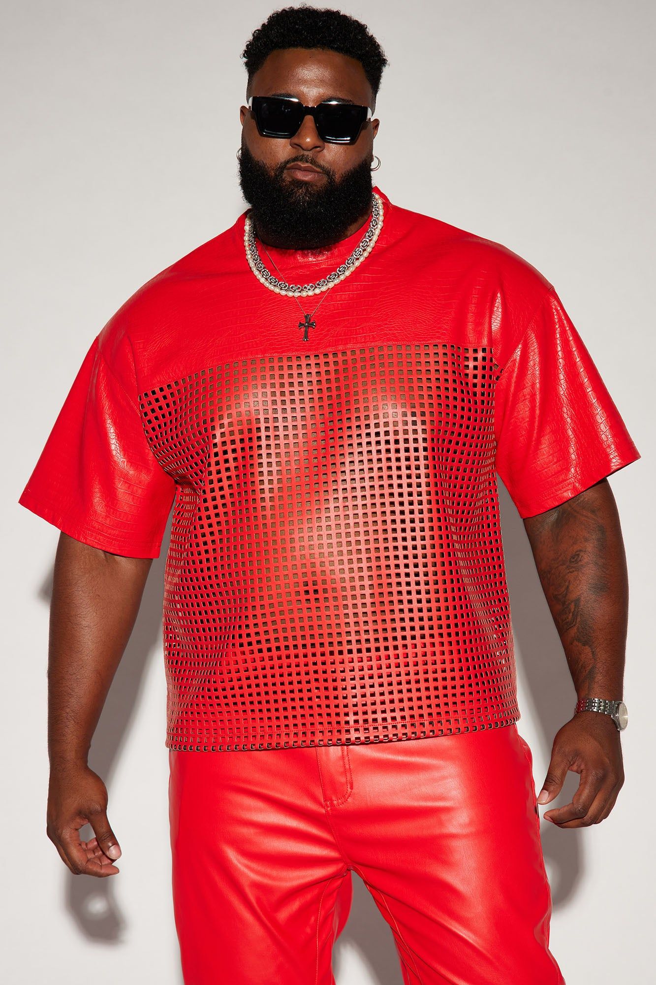 Gotta Run Faux Crocodile Leather Mesh Oversized Tee - Red sold by Fashion Nova