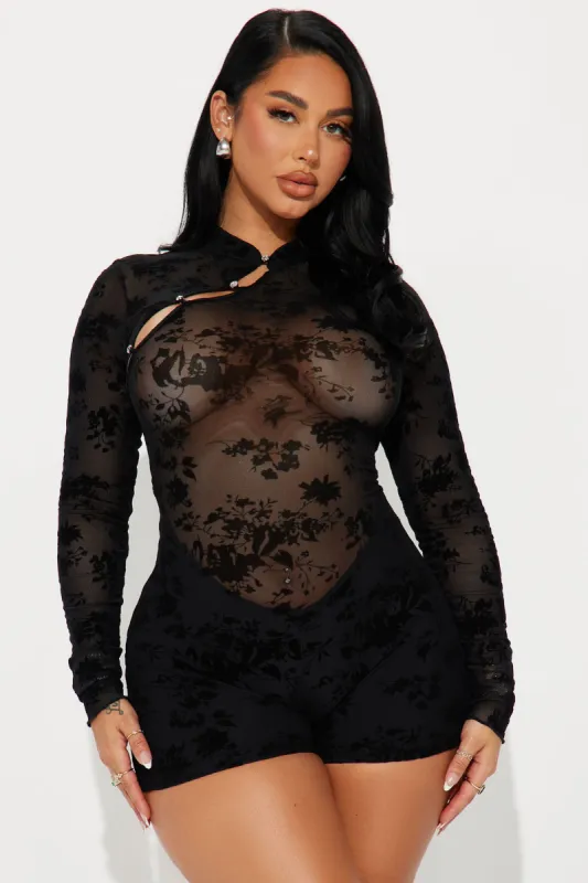 Raelynn Mesh Romper - Black sold by Fashion Nova