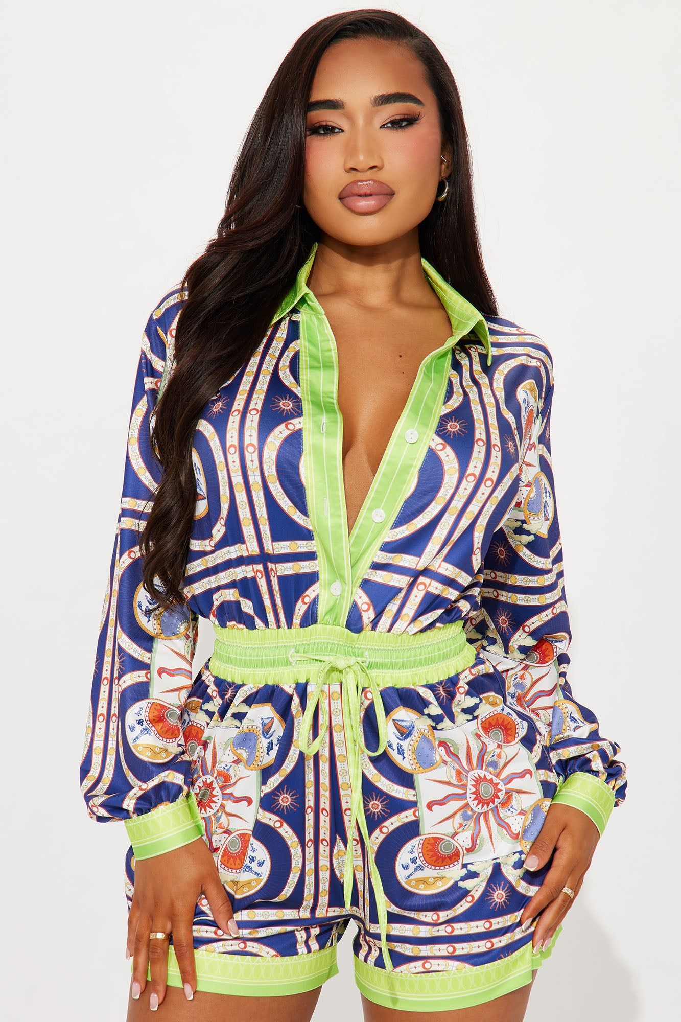 Sevilla Printed Romper - Navy/combo sold by Fashion Nova