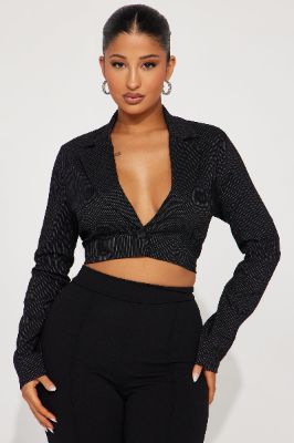 Pay Up Pinstripe Cropped Blazer - Black sold by Fashion Nova