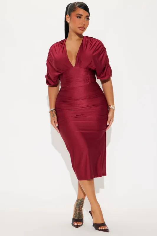 Mandy Ruched Midi Dress - Wine sold by Fashion Nova