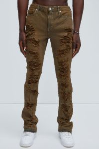 Broken Stacked Skinny Flare Jeans - Brown sold by Fashion Nova