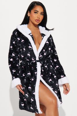 Girls Night In PJ Plush Robe - Black/Pink sold by Fashion Nova