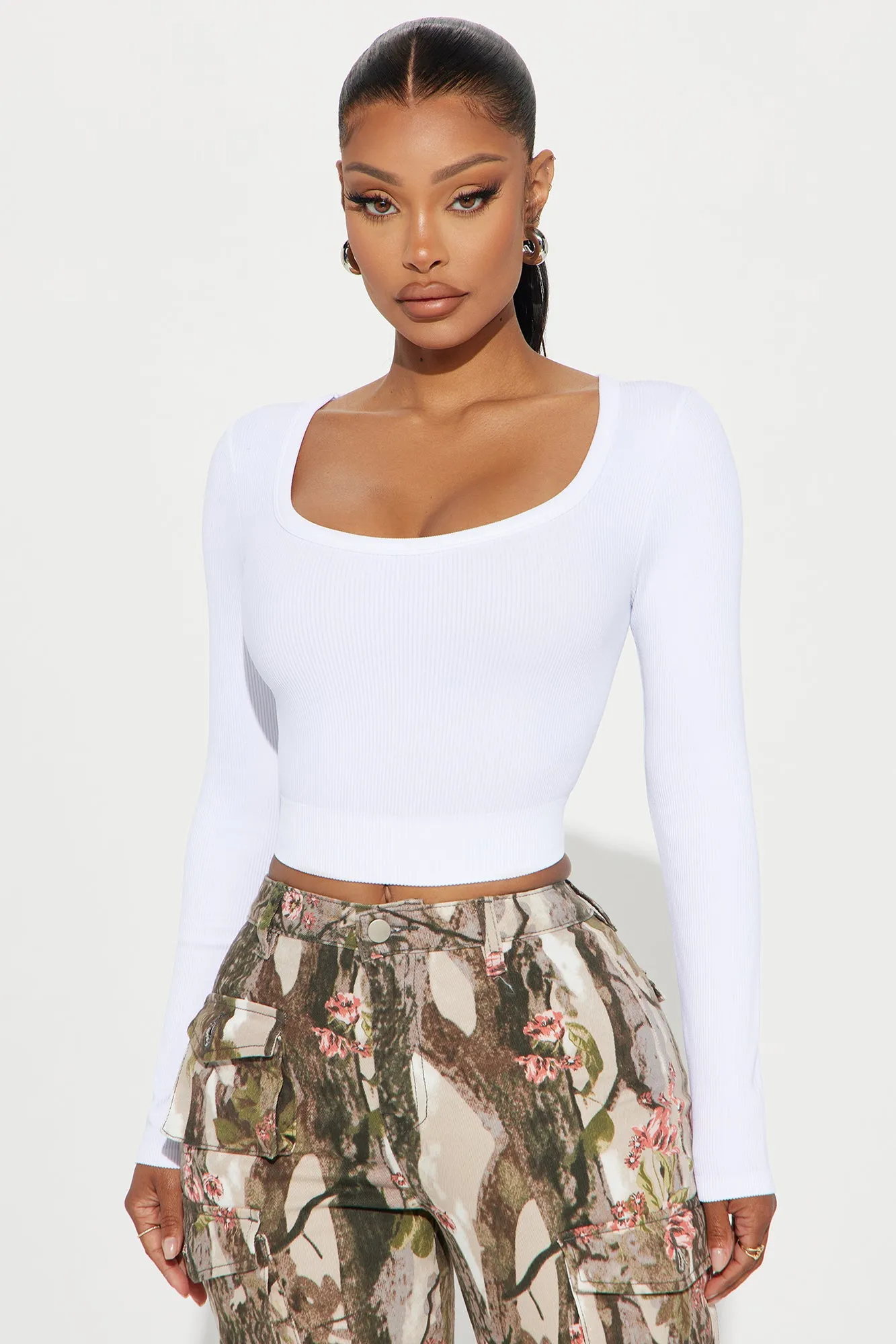 Kaylee Scoop Neck Long Sleeve Top - White sold by Fashion Nova