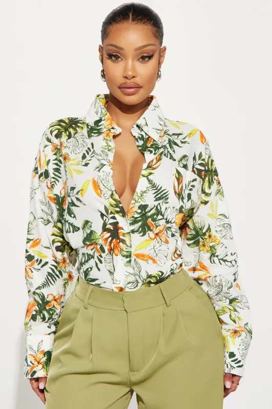 Tropical Vibe Linen Shirt - White/combo sold by Fashion Nova