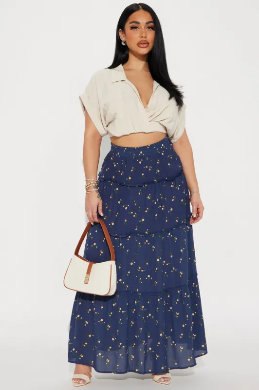 Sofina Floral Tiered Maxi Skirt - Navy/combo sold by Fashion Nova