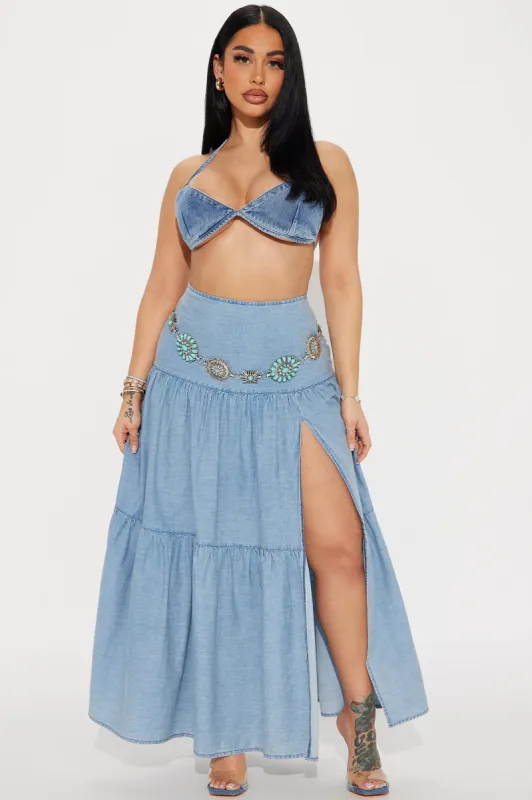 Brooke Chambray Tiered Maxi Skirt - Medium Wash sold by Fashion Nova