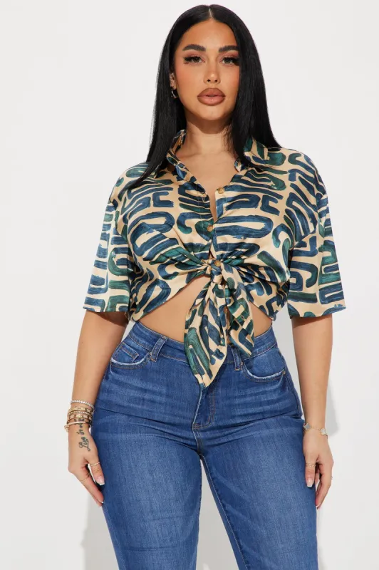 Meet Me Halfway Satin Shirt - Taupe/combo sold by Fashion Nova