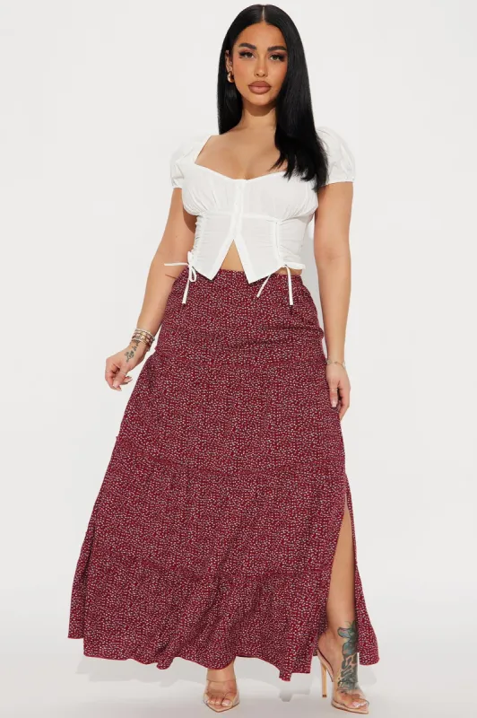 Caprina Floral Tiered Maxi Skirt - Red/combo sold by Fashion Nova