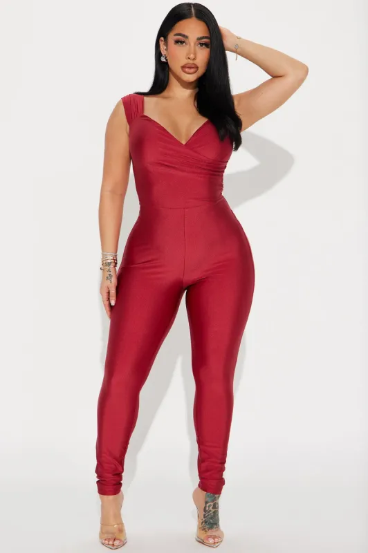 Denali Off Shoulder Jumpsuit  - Wine sold by Fashion Nova