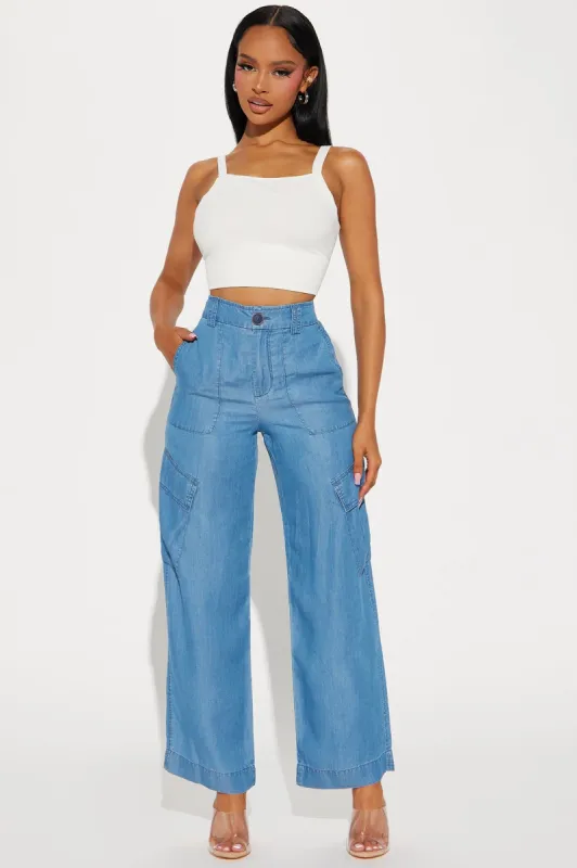 Nellie Chambray Cargo Pant - Medium Wash sold by Fashion Nova