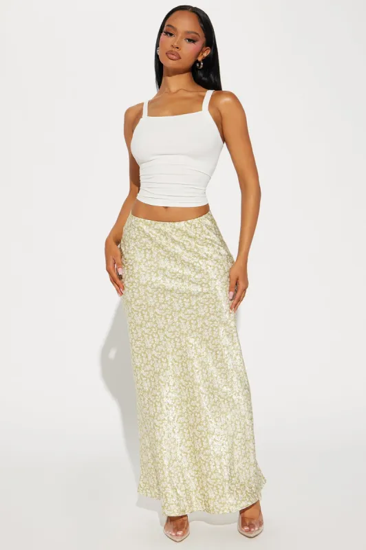 Alana Floral Satin Maxi Skirt - Sage/combo sold by Fashion Nova