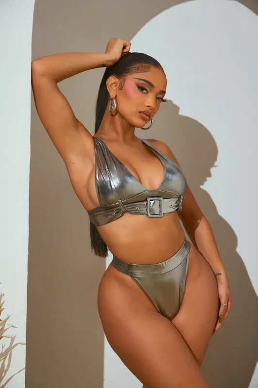 Island Lava Metallic Buckle 2 Piece Bikini - Silver sold by Fashion Nova