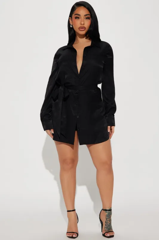 Sarai Shirt Romper - Black sold by Fashion Nova