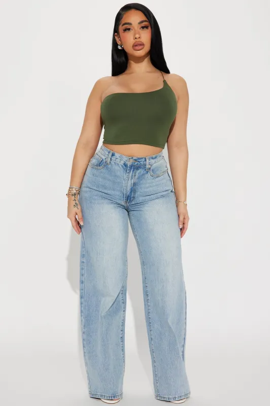 Selena One Shoulder Crop Top - Olive sold by Fashion Nova