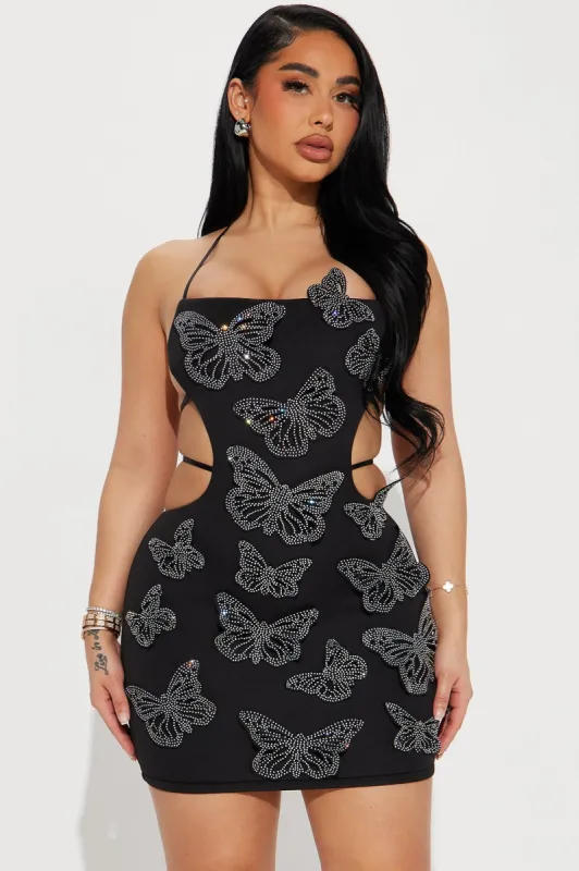 Annicka Butterfly Mini Dress - Black sold by Fashion Nova