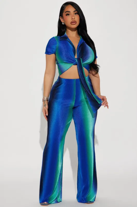 One Flight Away Plisse Pant Set - Blue/combo sold by Fashion Nova