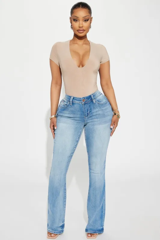 Someone New Booty Lifting Stretch Bootcut Jeans - Light Wash sold by Fashion Nova