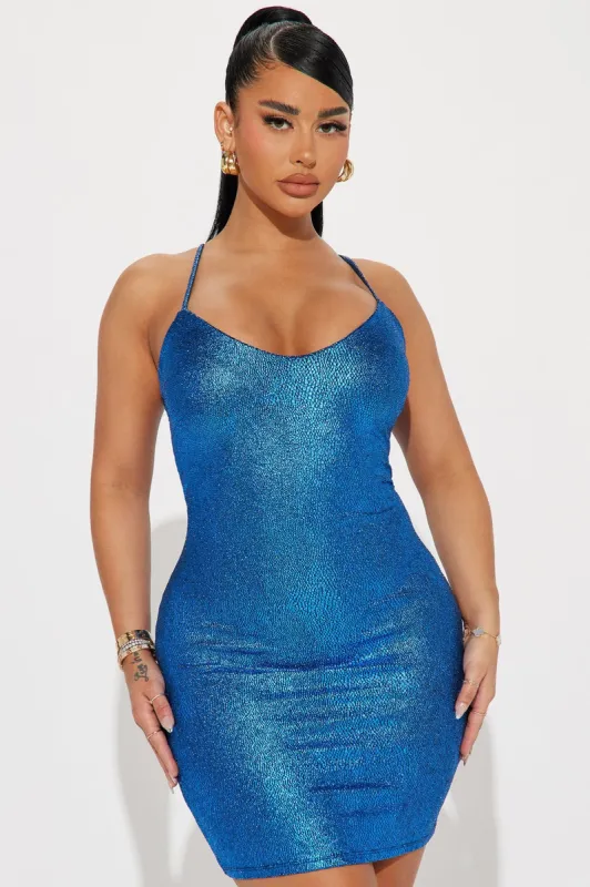 Stephanie Metallic Mini Dress - Blue sold by Fashion Nova