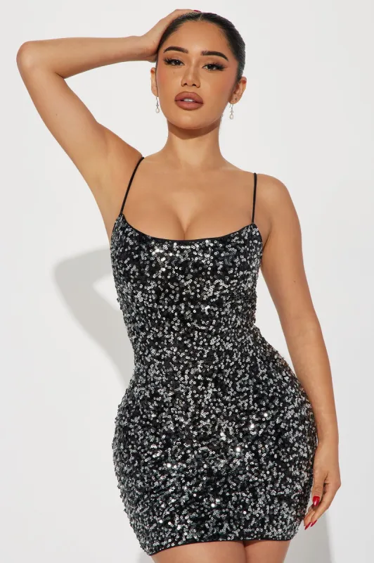Twilight Sequin Mini Dress - Black/Silver sold by Fashion Nova
