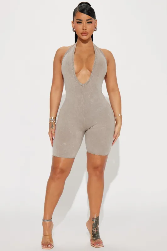 Laylah Mineral Wash Romper - Mocha sold by Fashion Nova