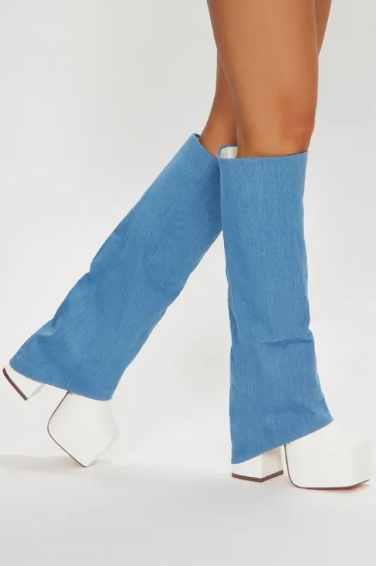 Londyn Denim Overlay Boots - White/Blue sold by Fashion Nova