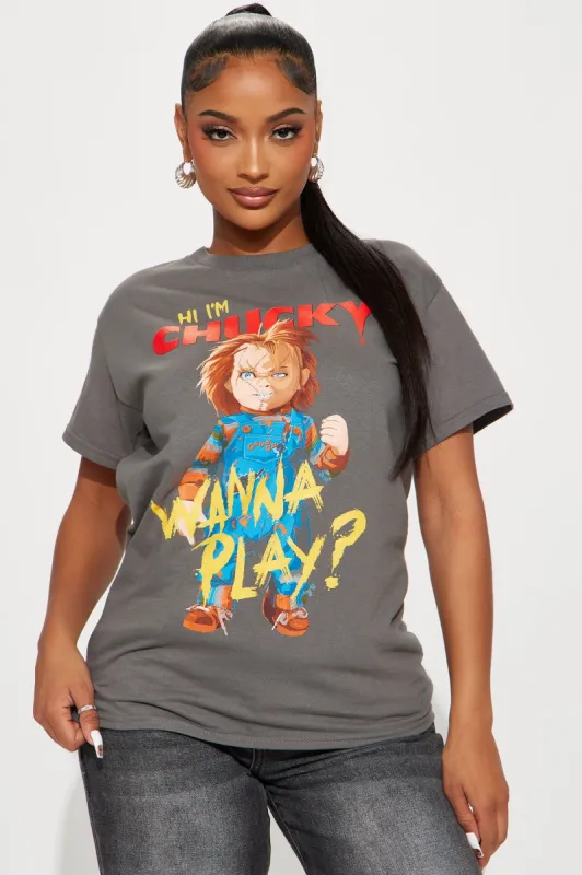 Wanna Play With Chucky Graphic Tee - Charcoal sold by Fashion Nova