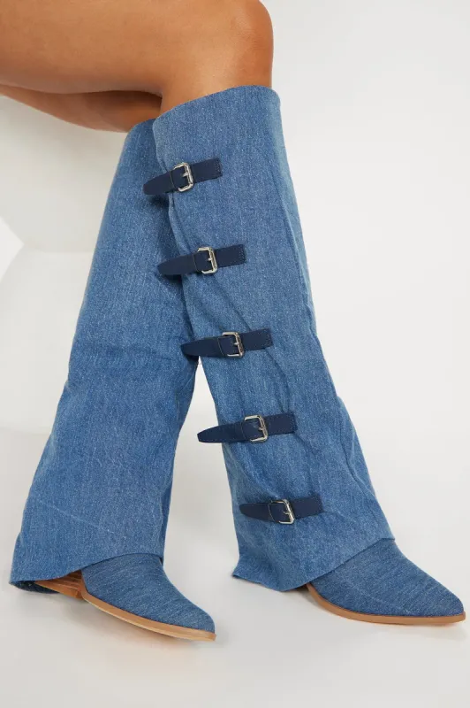 Wait And See Knee High Boots - Denim sold by Fashion Nova