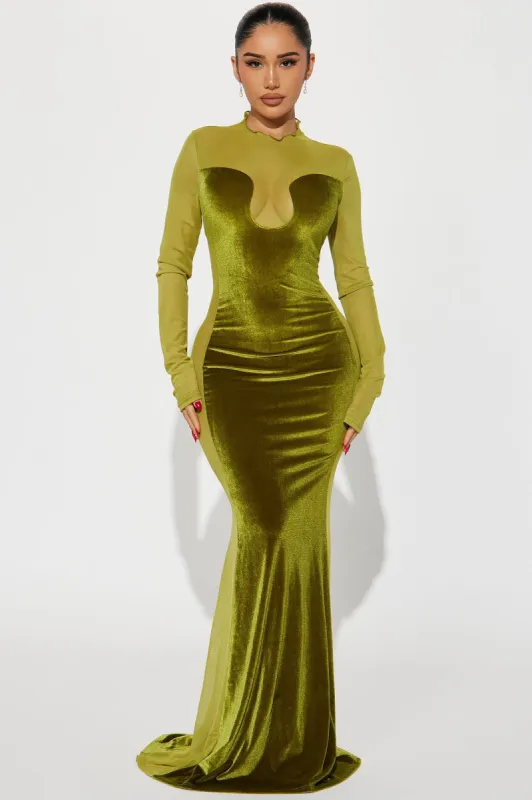 Velvet Long Sleeve Maxi Dress - Chartreuse sold by Fashion Nova