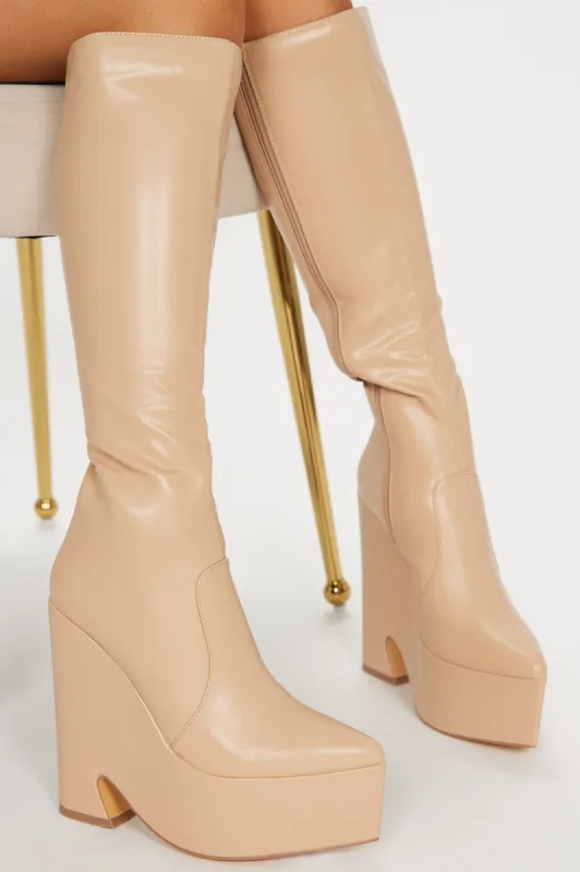 Miss Confident Knee High Heeled Boots - Nude sold by Fashion Nova