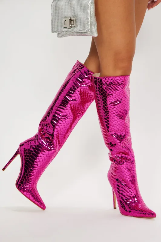 Amira Snakeskin Boots - Pink sold by Fashion Nova