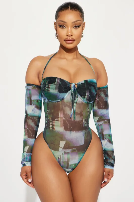 Life Of The Party Mesh Bodysuit - Green/combo sold by Fashion Nova