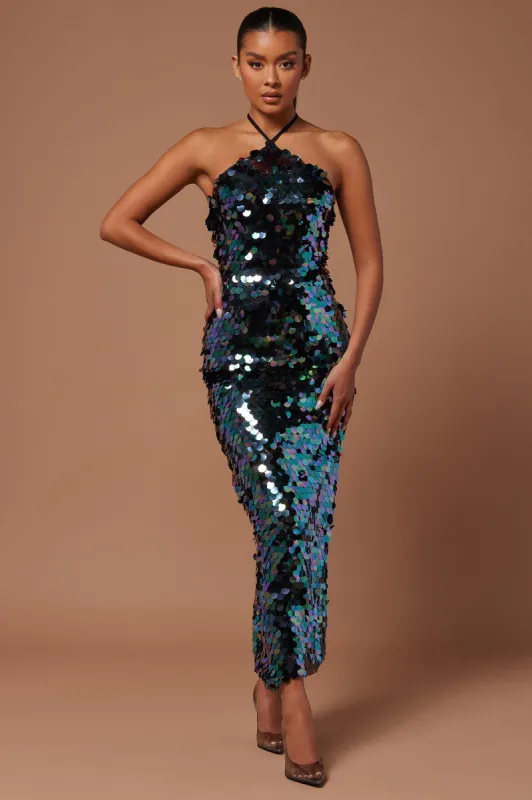 Ari Sequin Maxi Dress - Blue/combo sold by Fashion Nova