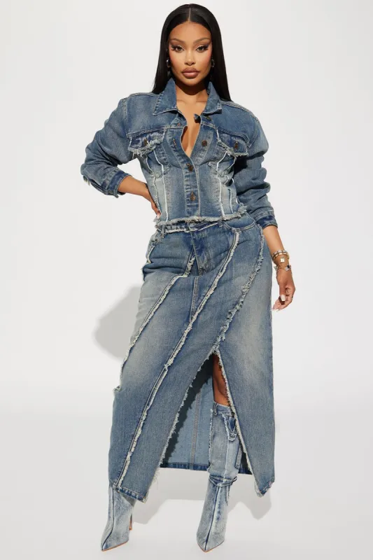 Yuma Tinted Denim Midi Skirt - Medium Wash sold by Fashion Nova