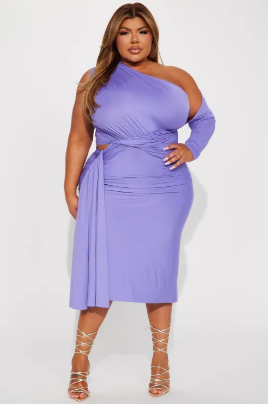 One Shoulder Ruched Midi Dress - Purple sold by Fashion Nova