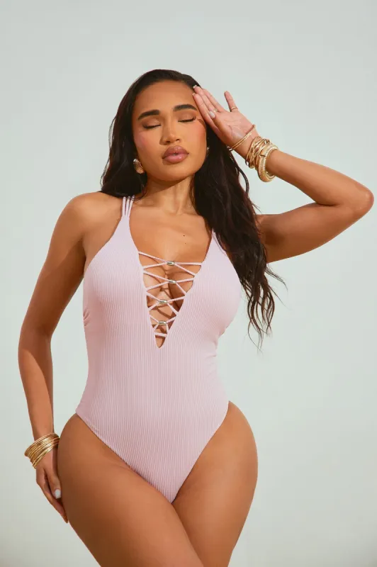 Summer Love Ribbed Lace Up 1 Piece Swimsuit - Pink sold by Fashion Nova
